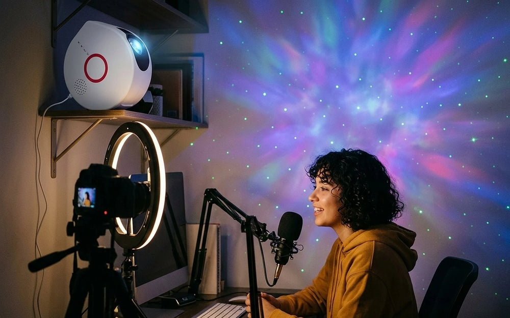 A young woman in a mustard hoodie at a desk with a ring light and a microphone, the wall behind the desk washed with blue and magenta nebula and green stars, the projector on a shelf above