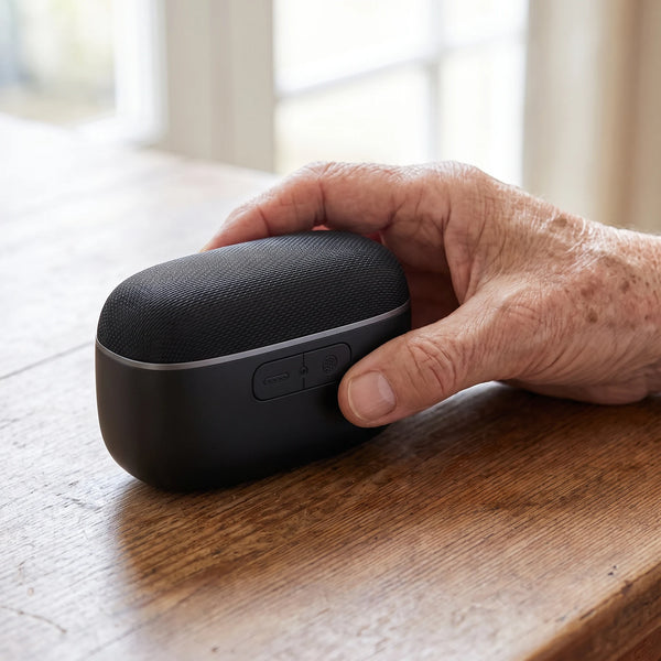 An older person’s hand holding the clipper against a fingernail, thumb resting on the body