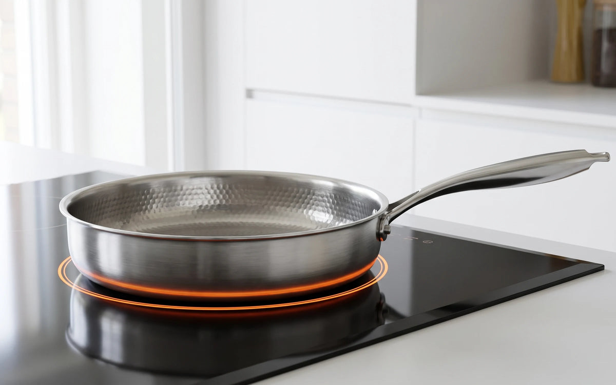 The hammered pan on a black induction cooktop, the ring glowing under the base