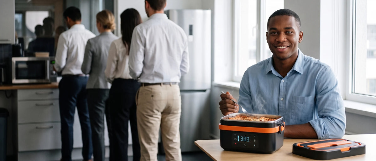 An office kitchenette at lunchtime with four people in plain clothes queuing at one microwave in soft focus on the left, and a young man in a light-blue shirt at a small table by a window on the right lifting the lid of an open steel lunch box with steam rising from lasagna