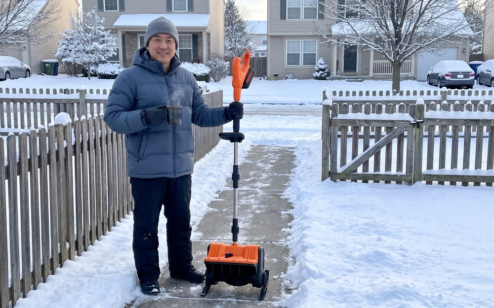 A middle-aged Asian-American man in a slate-blue down jacket and grey beanie by the front gate on a cold bright morning, holding a steaming mug in one hand and the upright orange-and-black snow shovel in the other, a clean bare strip of sidewalk running away behind the gate