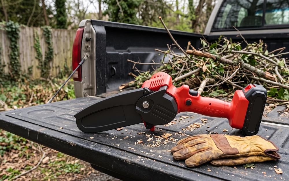 The red saw on the tailgate of a pickup truck at the far corner of a yard, beside work gloves and a pile of trimmed branches