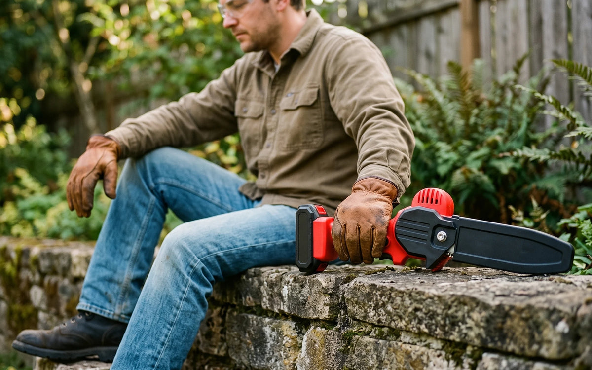 Hold it by the handle.